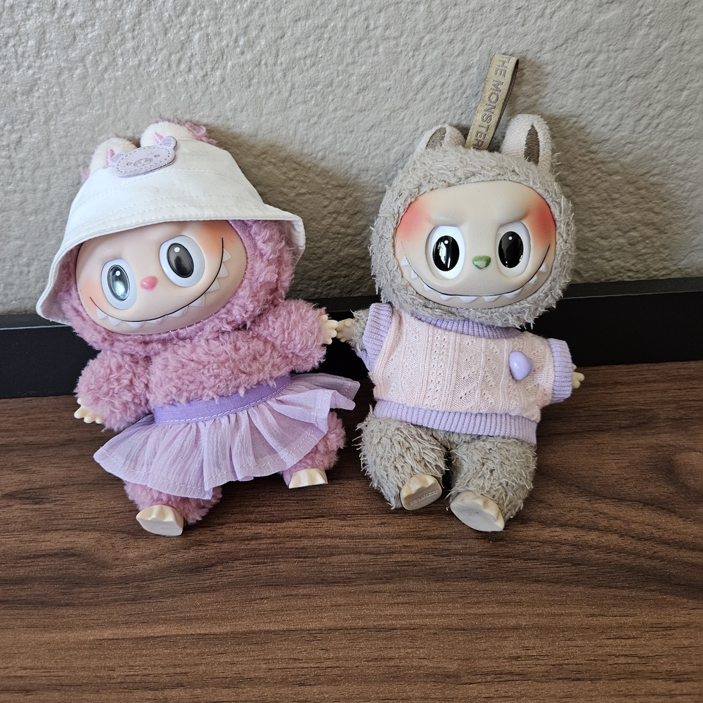 Cute Plush Dolls in Pink and Gray Outfits
